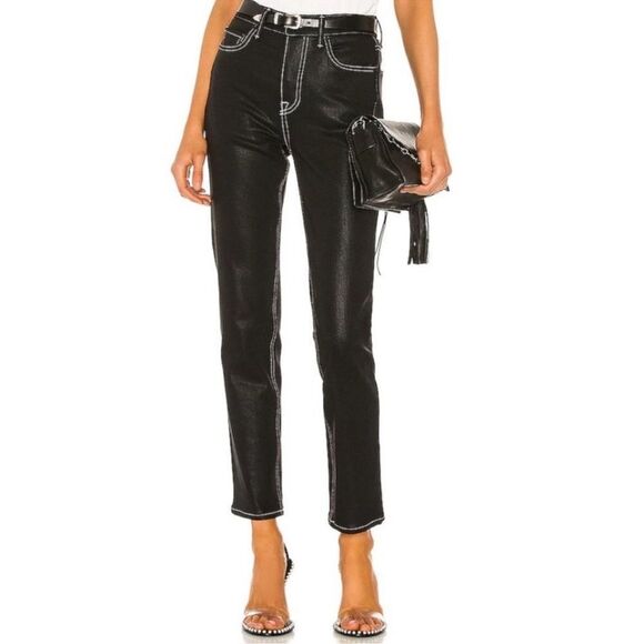 GRLFRND Coated Black White Stitch Denim Aurelia Jeans in Lights Out Sz 26 - Picture 1 of 14
